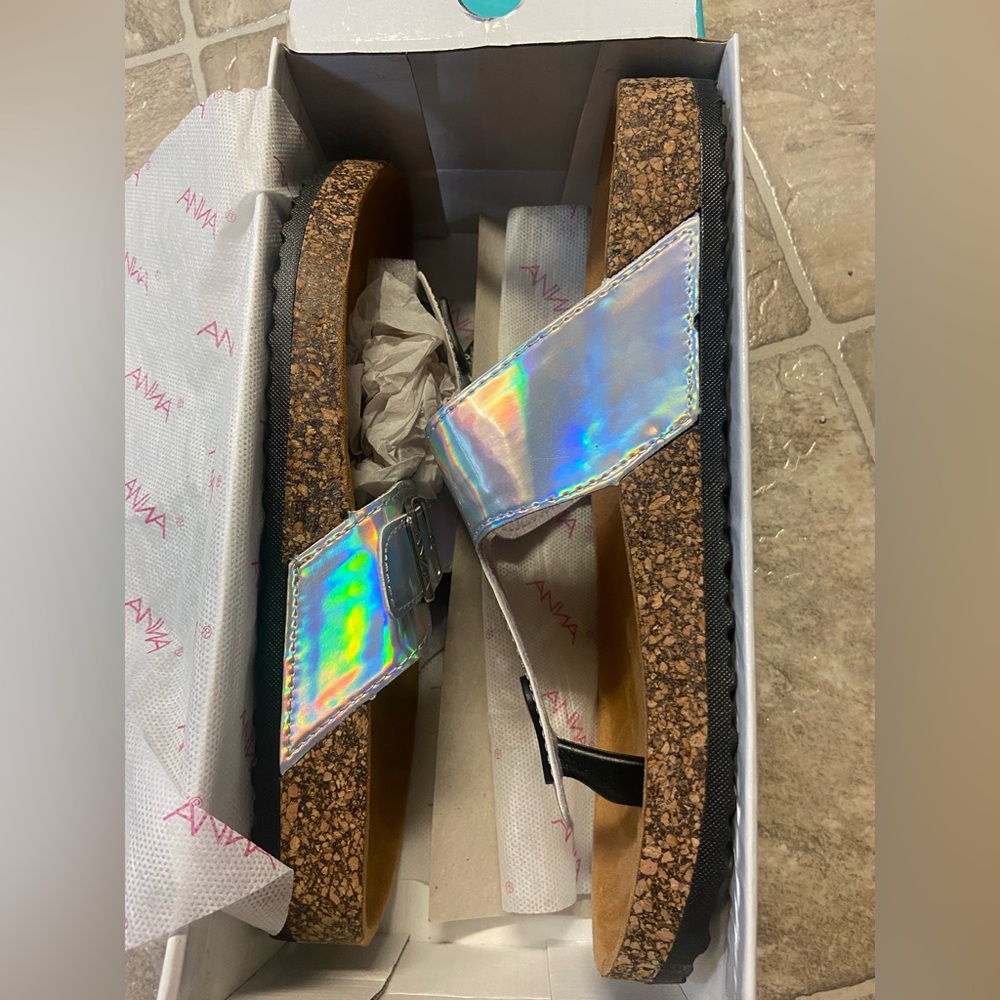 Anna Holographic Sandals with Cork Sole- Size 9
